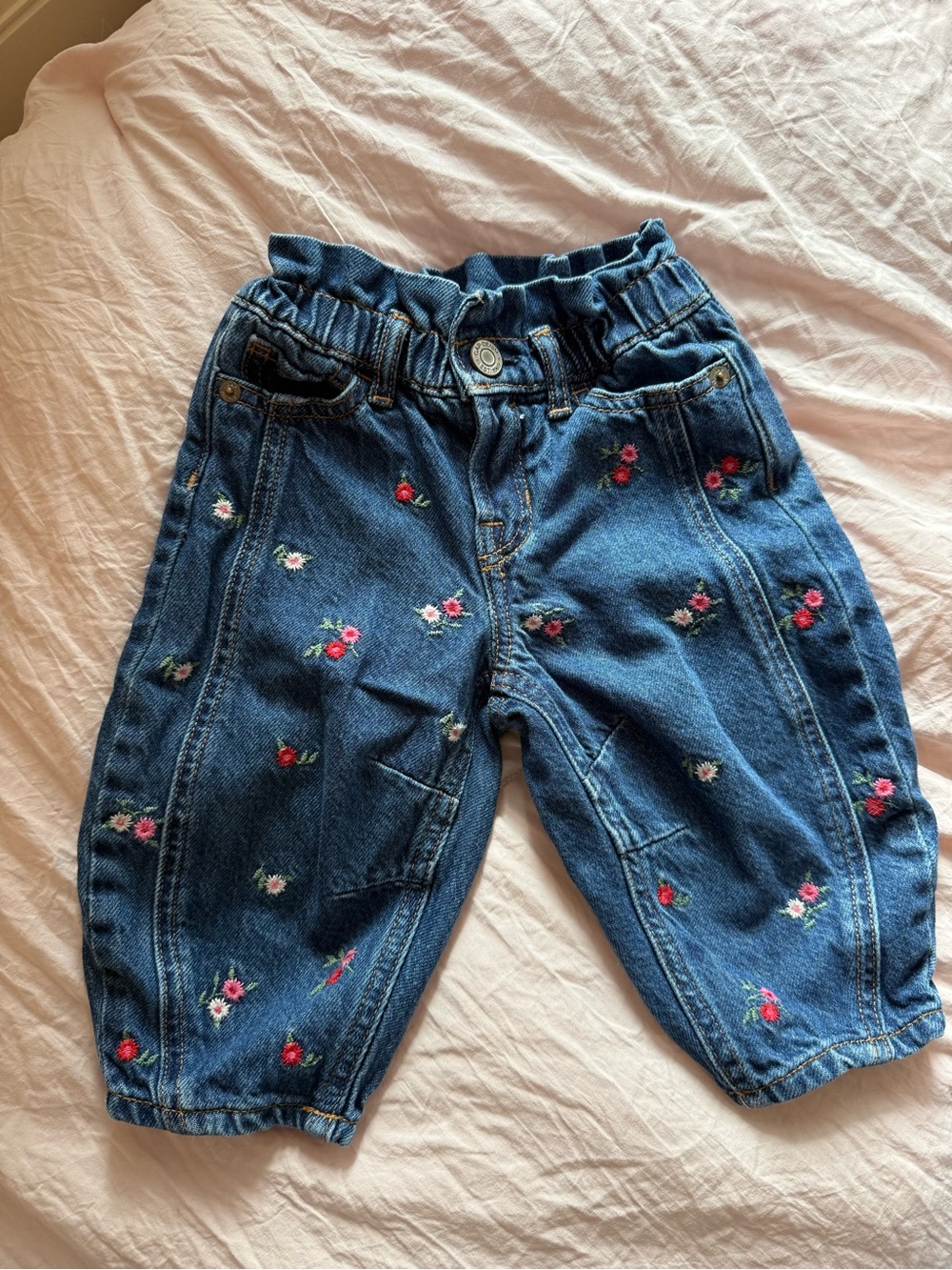 GAP Girls' Blue Denim Jeans with Pink & White Floral Embroidery